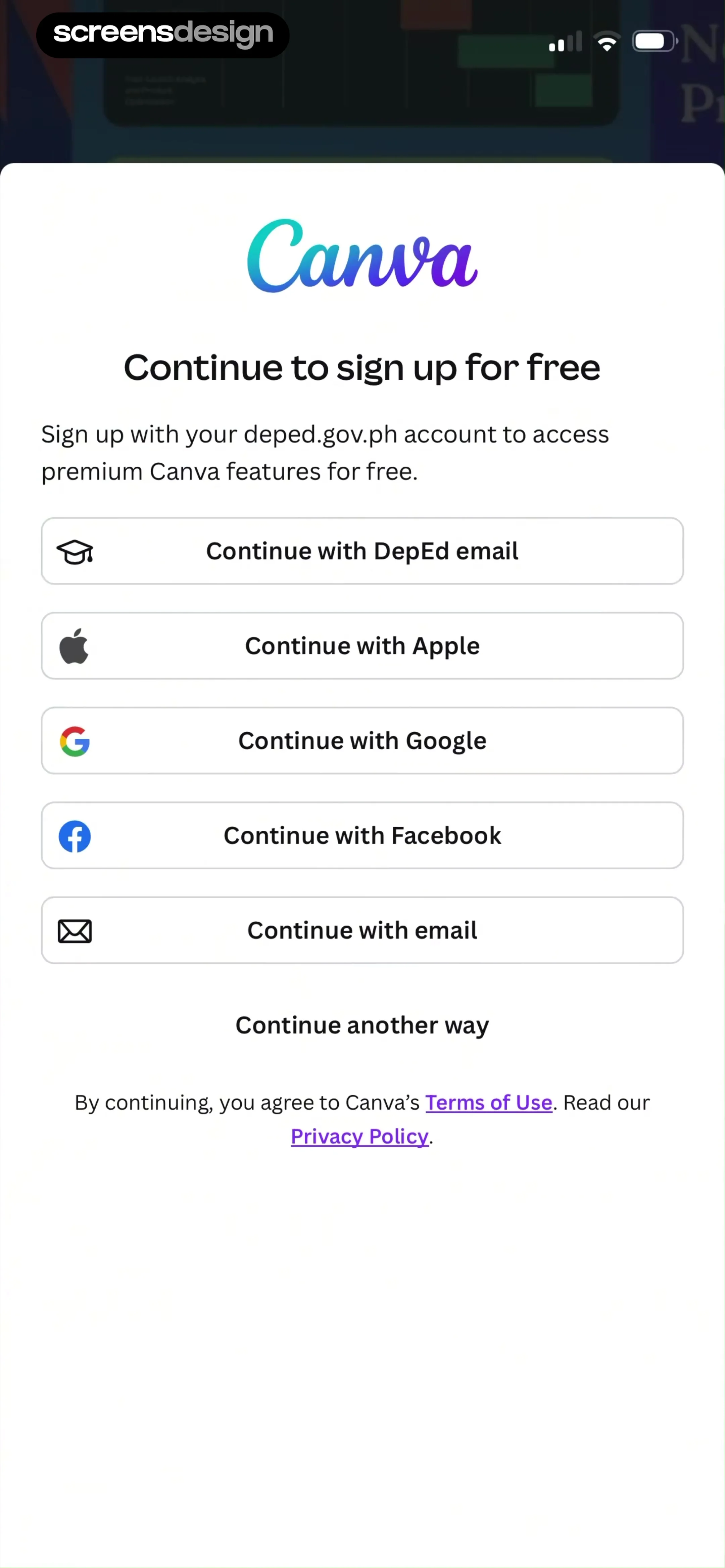 Canva sign up sheet with Apple, Google, Facebook, and email.