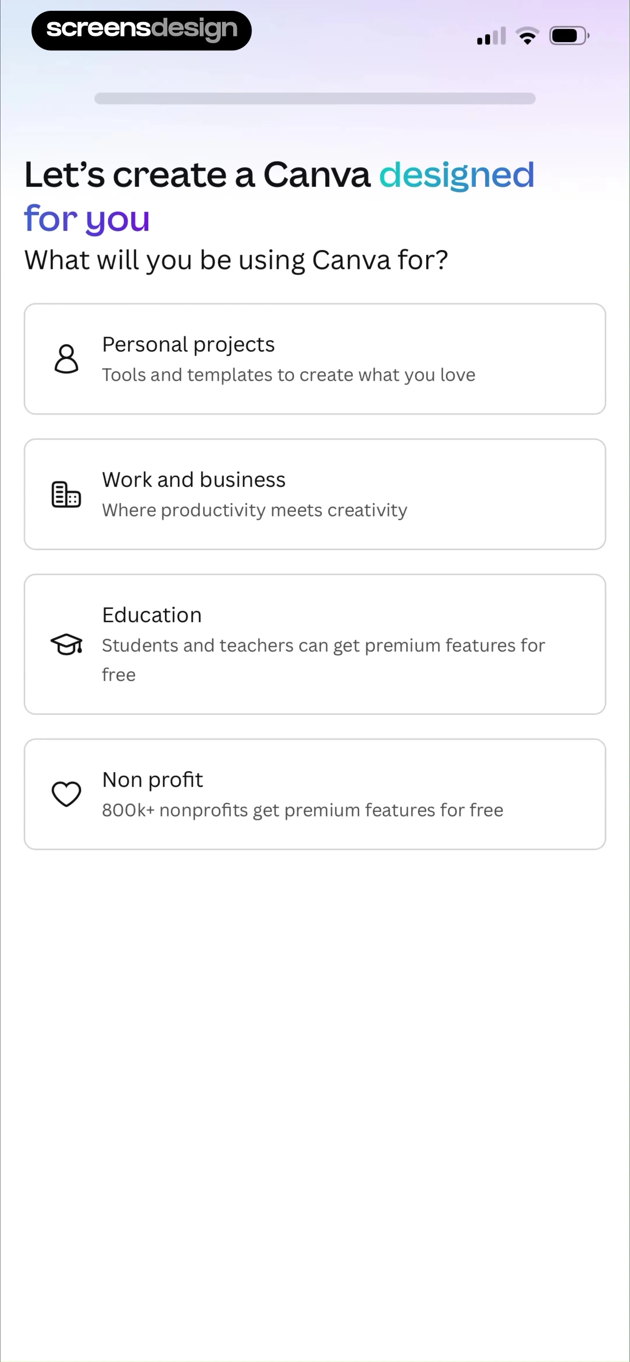 Canva asks if you will use it for personal, work, education, or nonprofit.