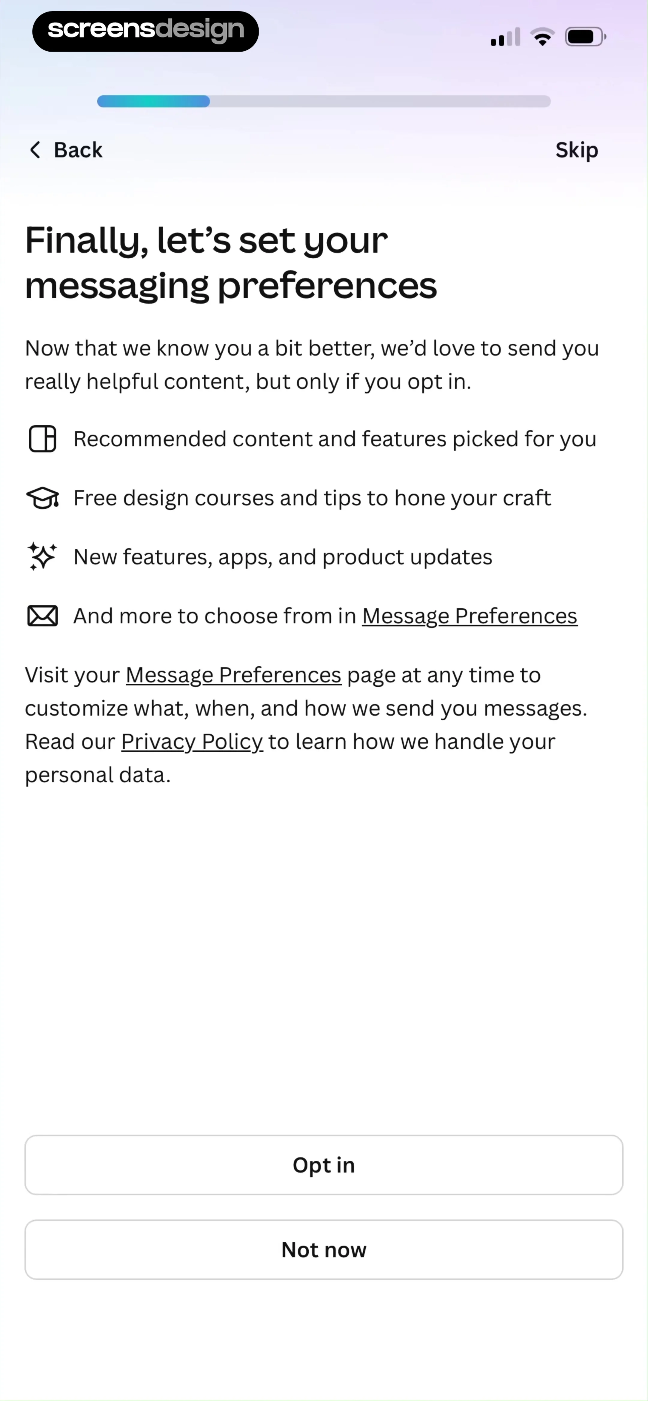 Canva message preferences with Opt in and Not now.