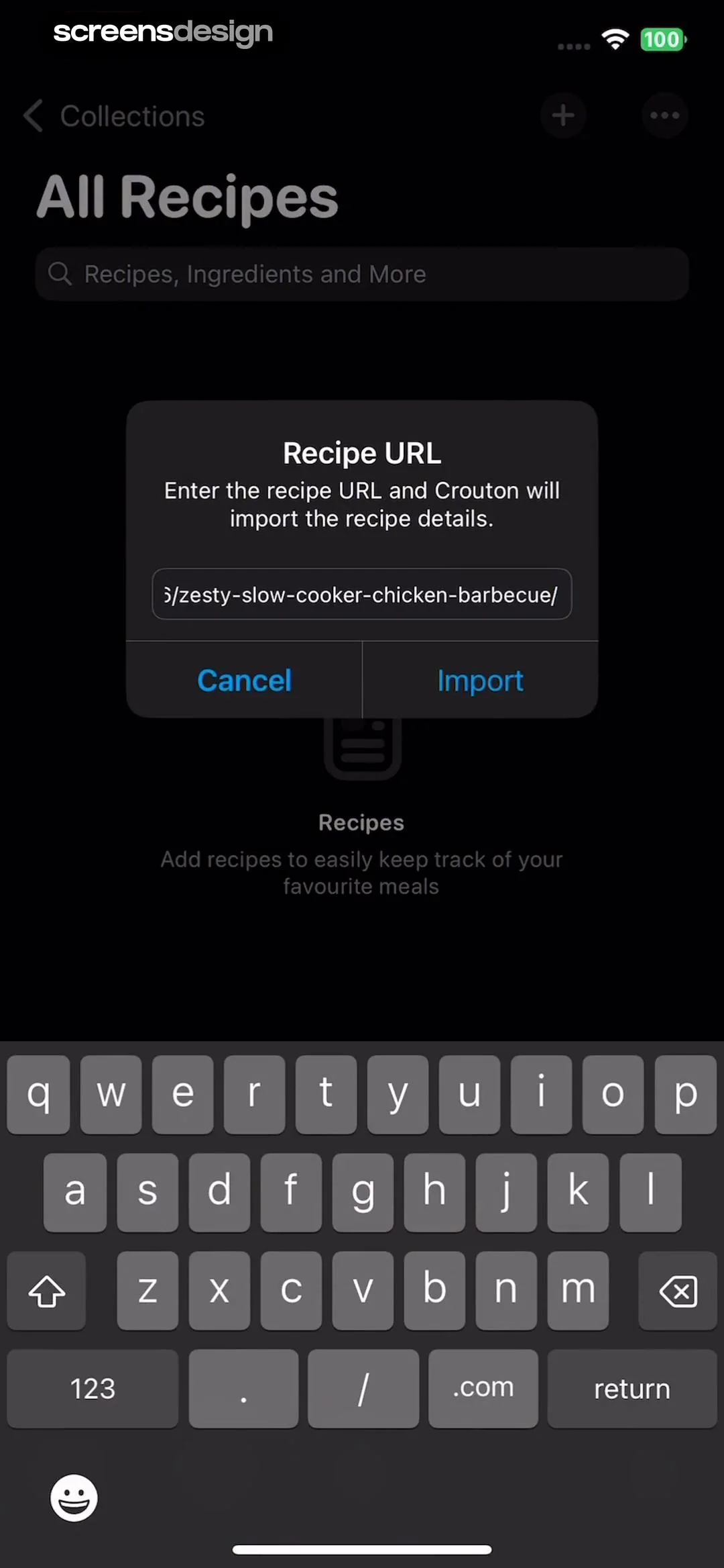 Crouton recipe URL box with an Import button.