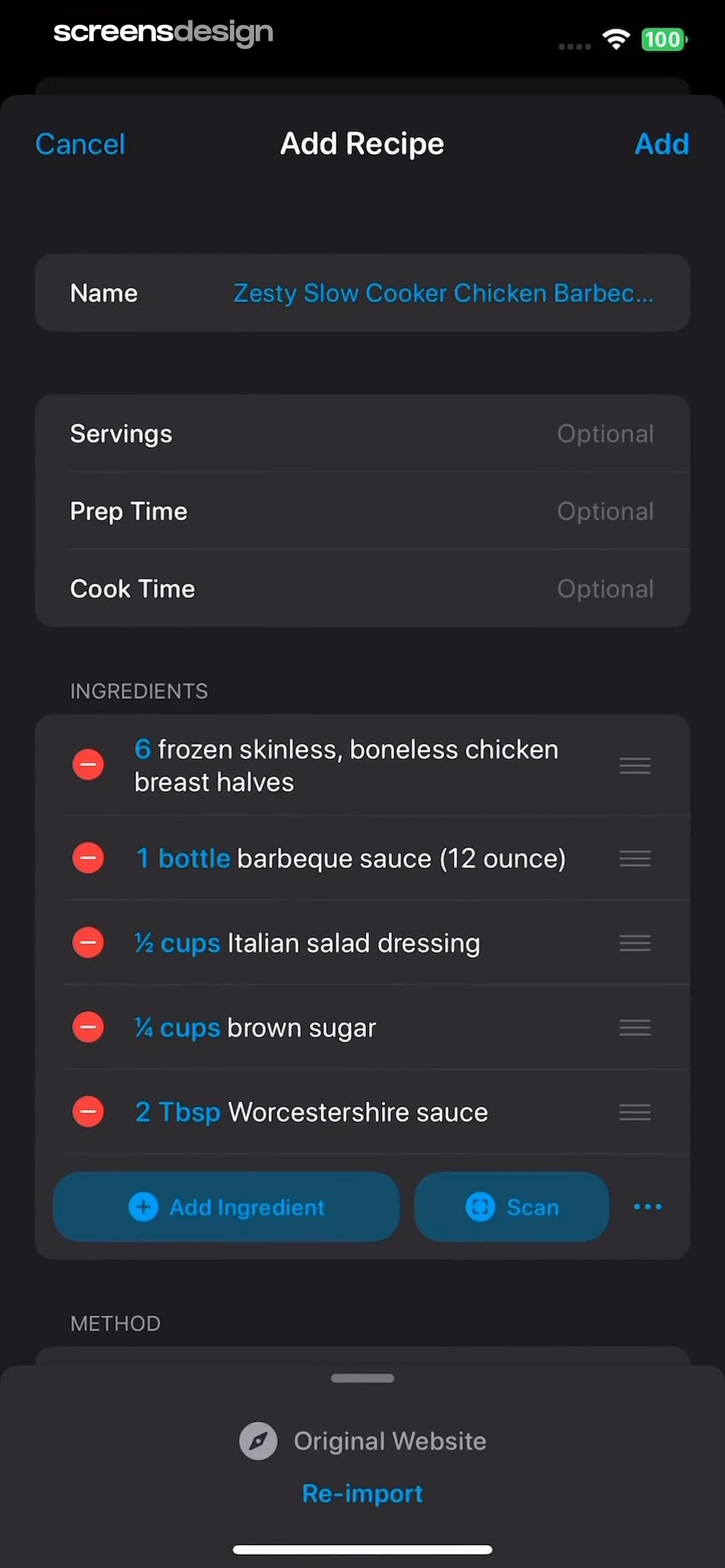 Crouton add-recipe screen with parsed ingredients and a Scan button.