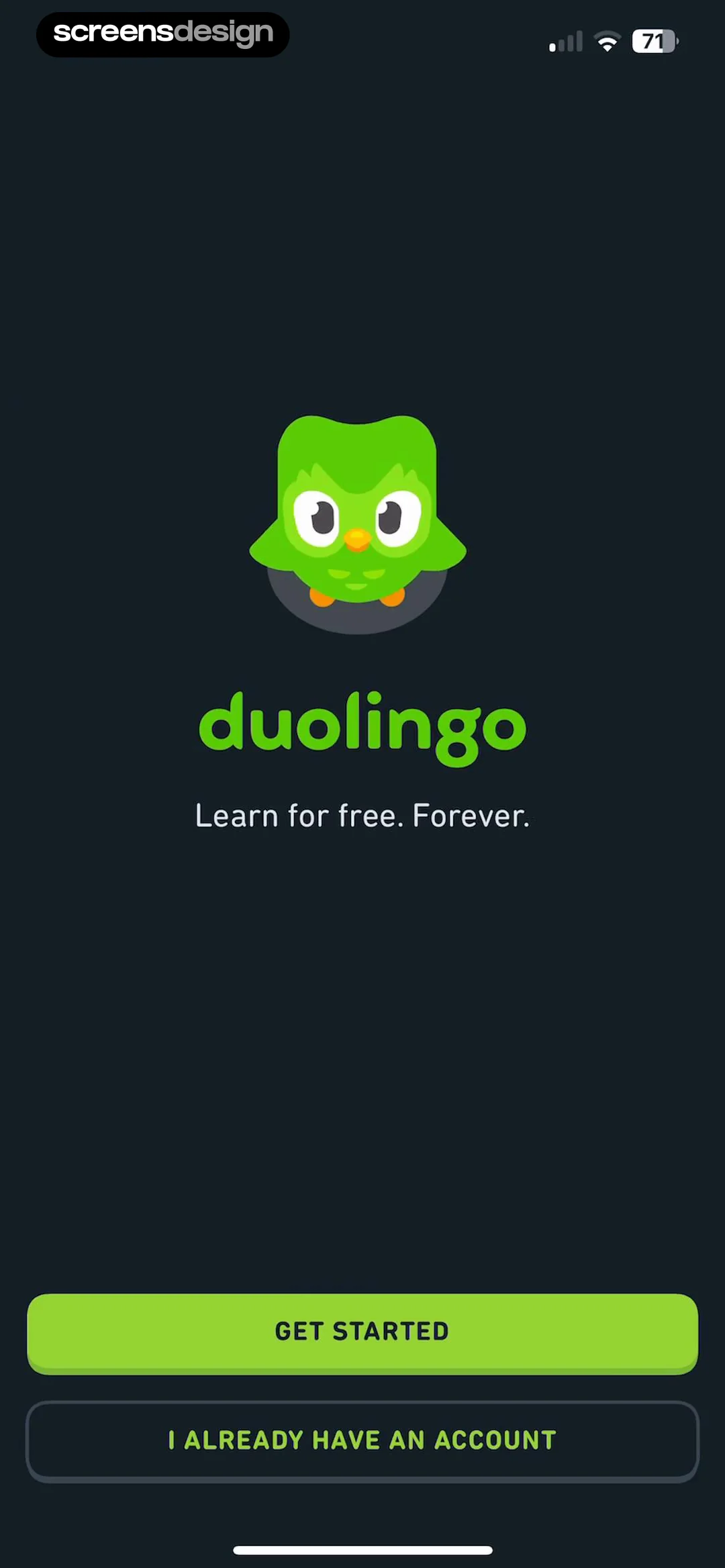 Duolingo welcome. Get started, or I already have an account.