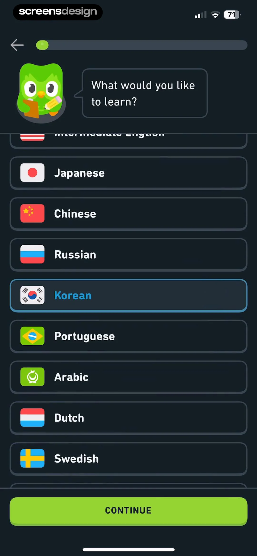 Duolingo asks what you would like to learn, with a language list.