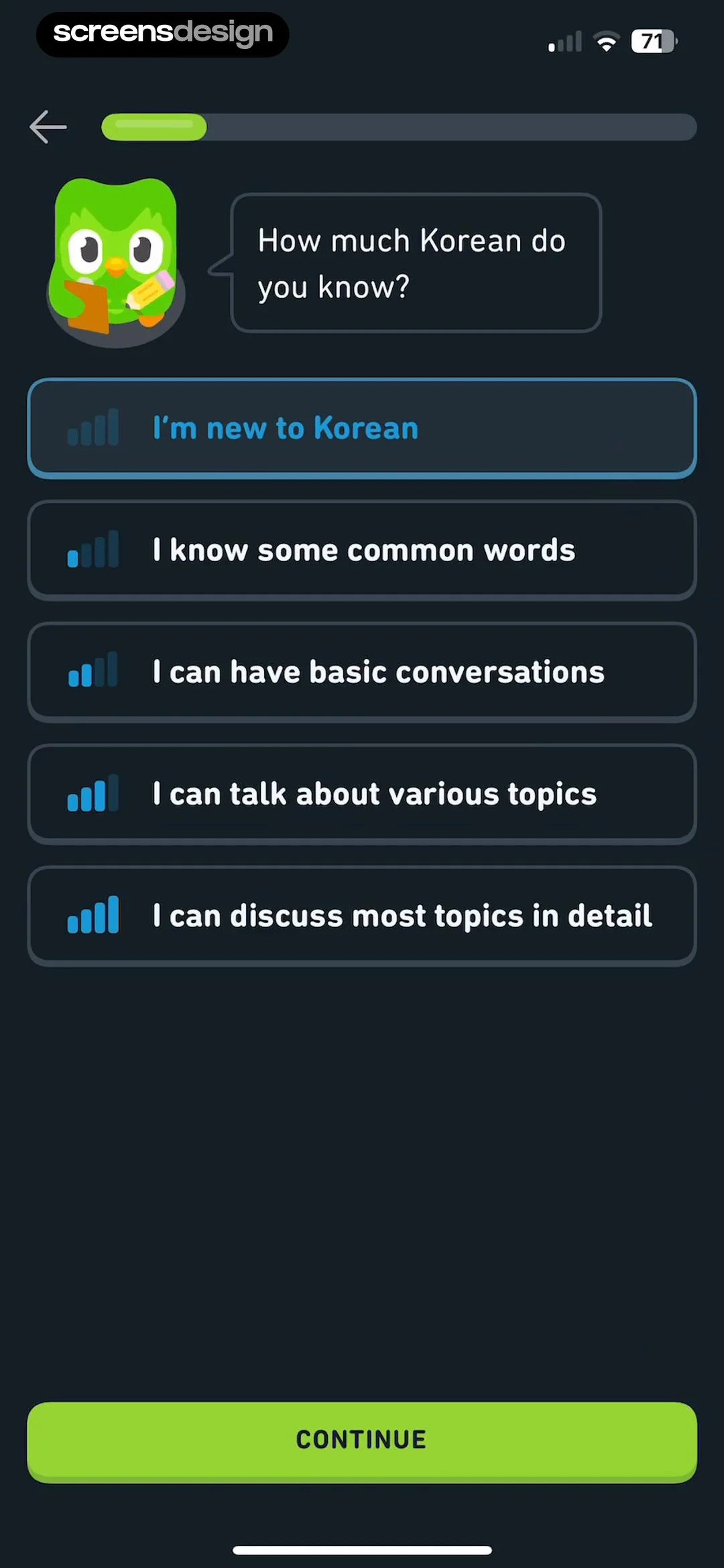 Duolingo asks how much Korean you know, from new to detailed.