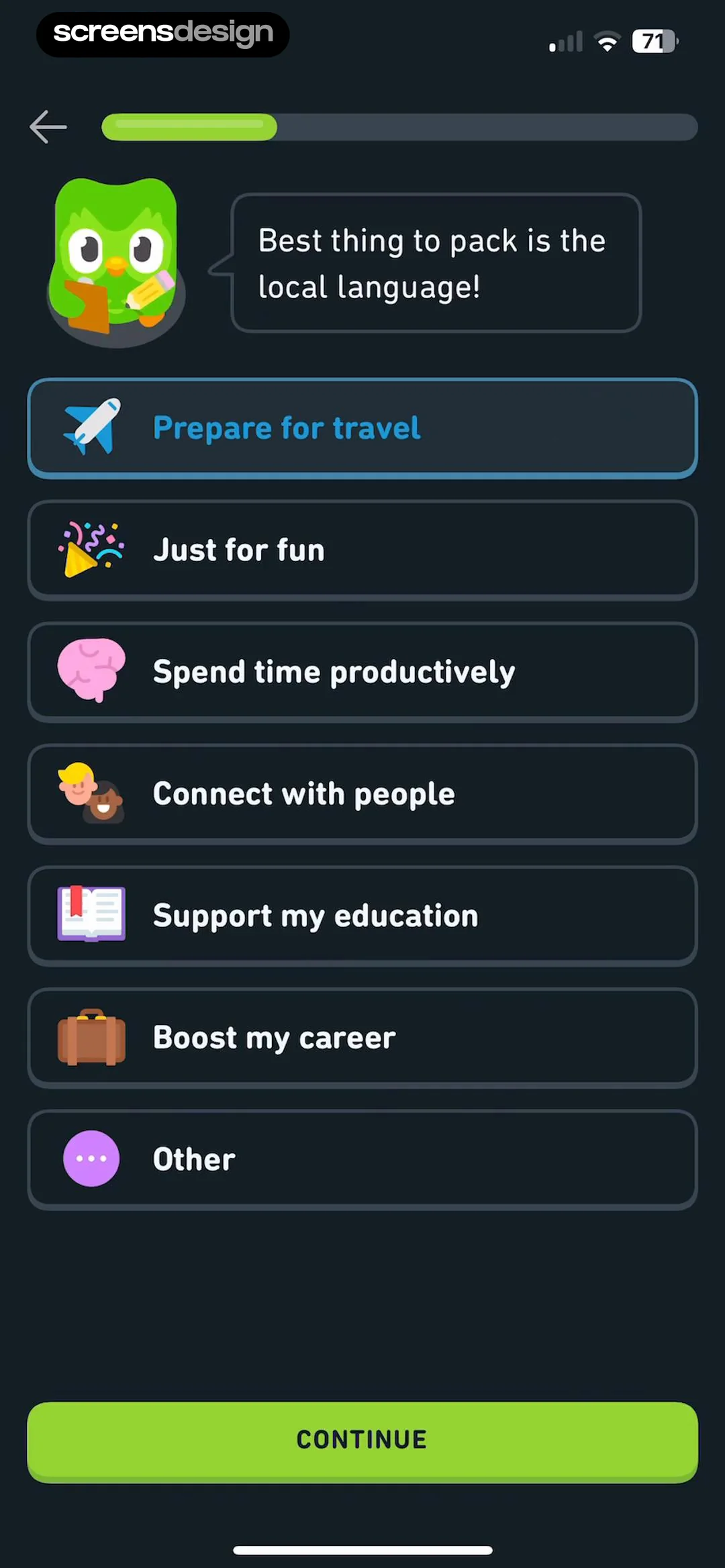 Duolingo asks why you are learning, with choices like travel and fun.