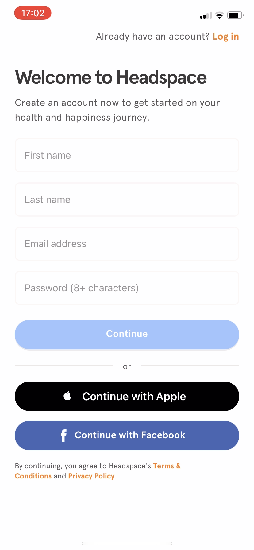 Headspace welcome form with name, email, password, Apple, and Facebook.