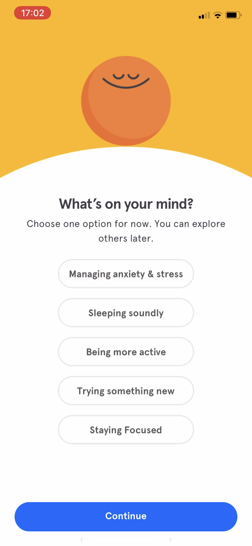 Headspace asks what's on your mind, with five goals.