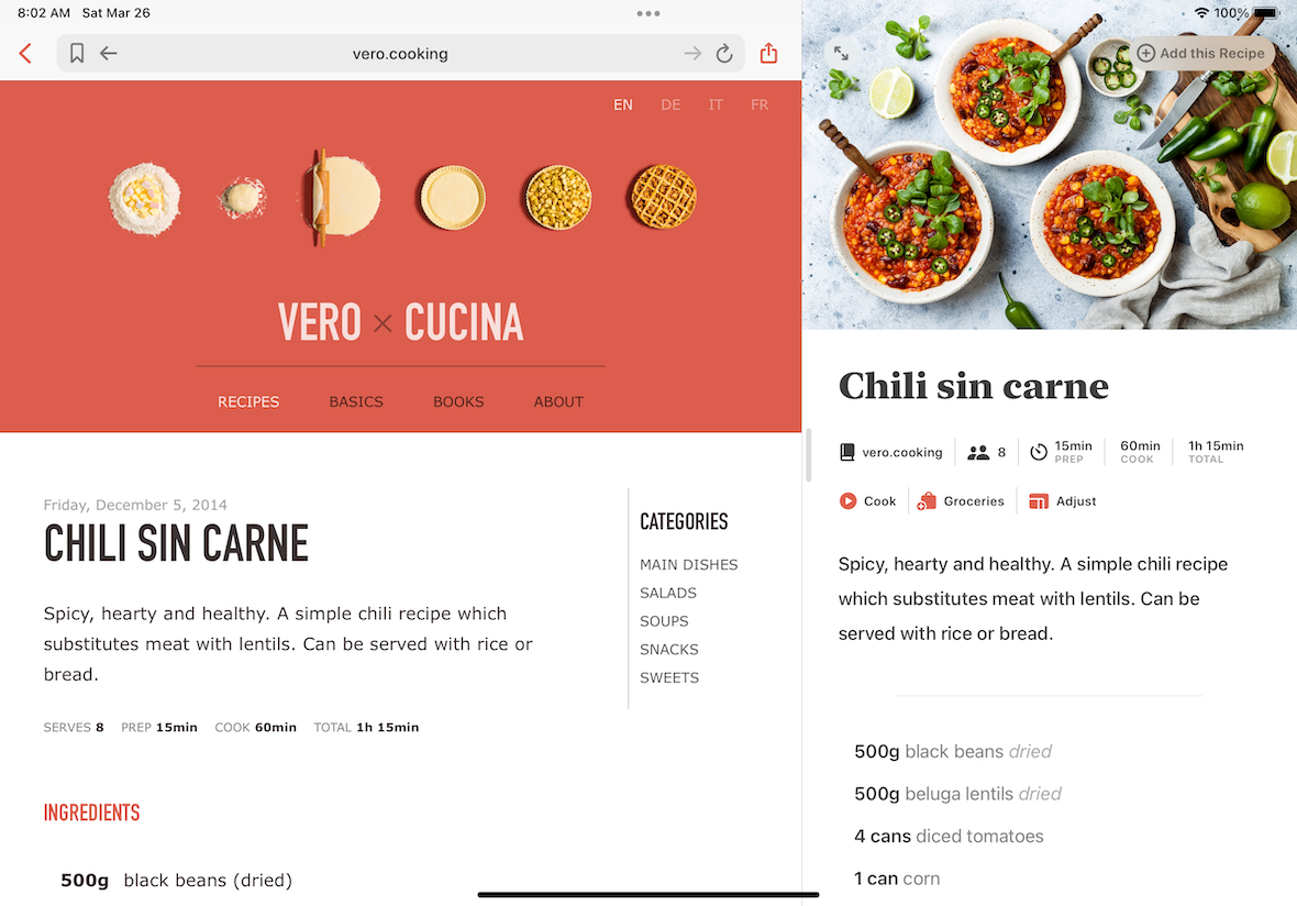 Mela on iPad. A recipe website beside the imported recipe, with Add this Recipe.