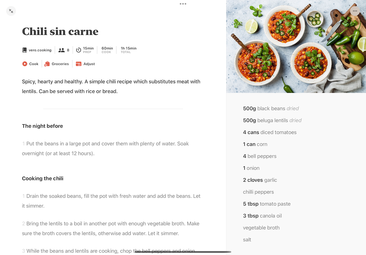 Mela recipe for chili with Cook, Groceries, and Adjust.