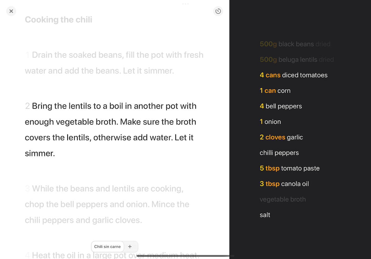 Mela cook mode with a large step and the ingredient list.