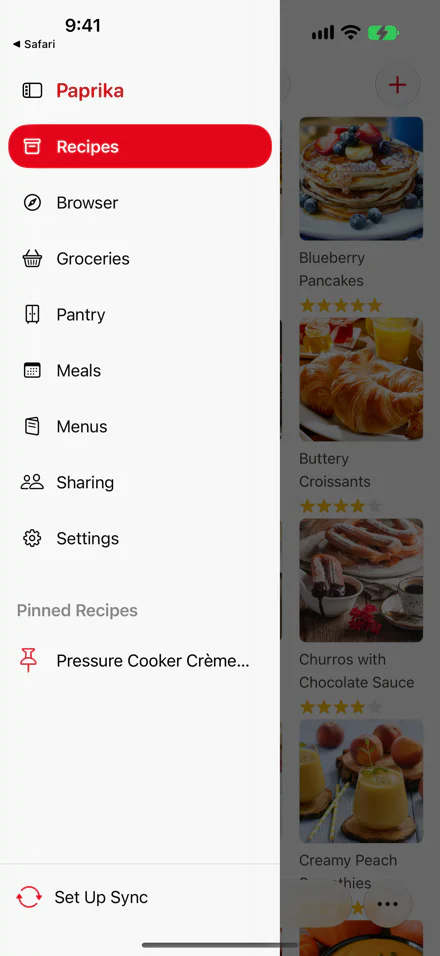 Paprika menu with Recipes, Browser, Groceries, and Set Up Sync at the bottom.