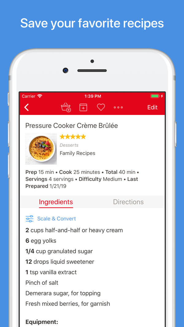 App Store shot of a Paprika recipe with Scale and Convert.