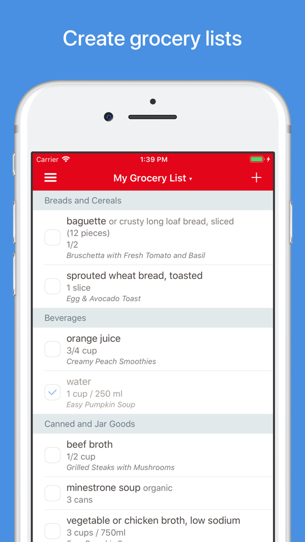 App Store shot of Paprika grocery list grouped by aisle.